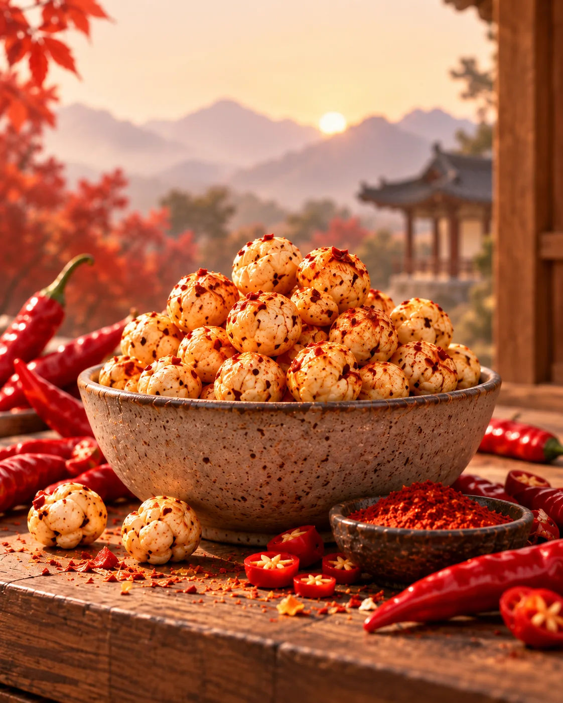 Peri Peri makhana in a ceramic bowl with chillies and spices; campaign artwork