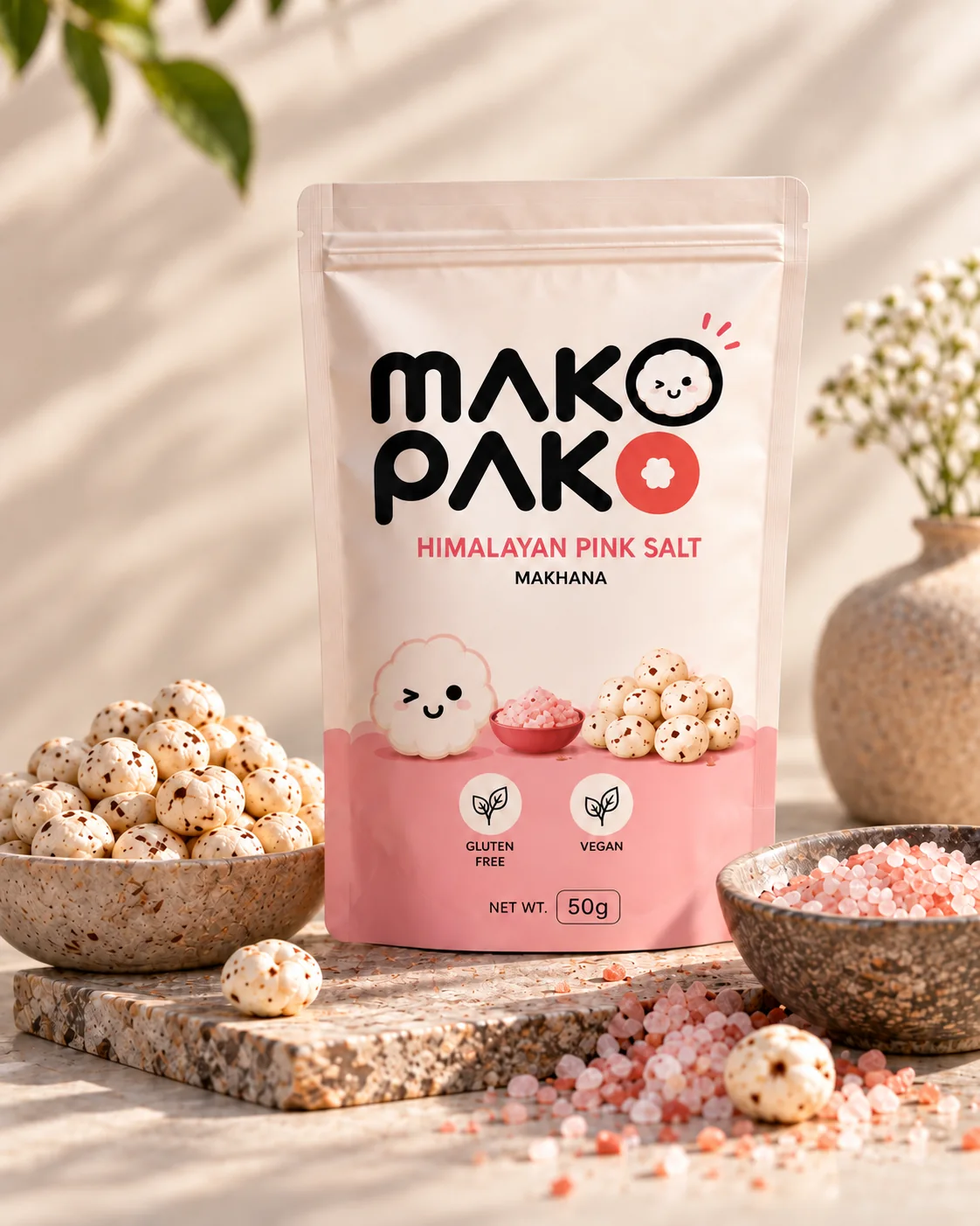 Mako Pako Himalayan Pink Salt pouch beside bowls of makhana and pink salt; campaign artwork